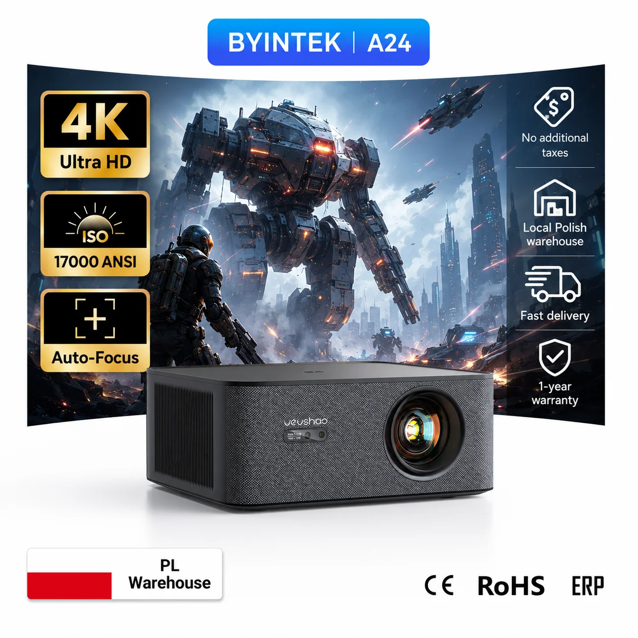 VEVSHAO 4K Ondersteunde Home Theater Projector, Officieel gelicentieerde Google Android TV ATV, 1080P Max Resolutie, Wifi-compatibel voor video's, films en games.