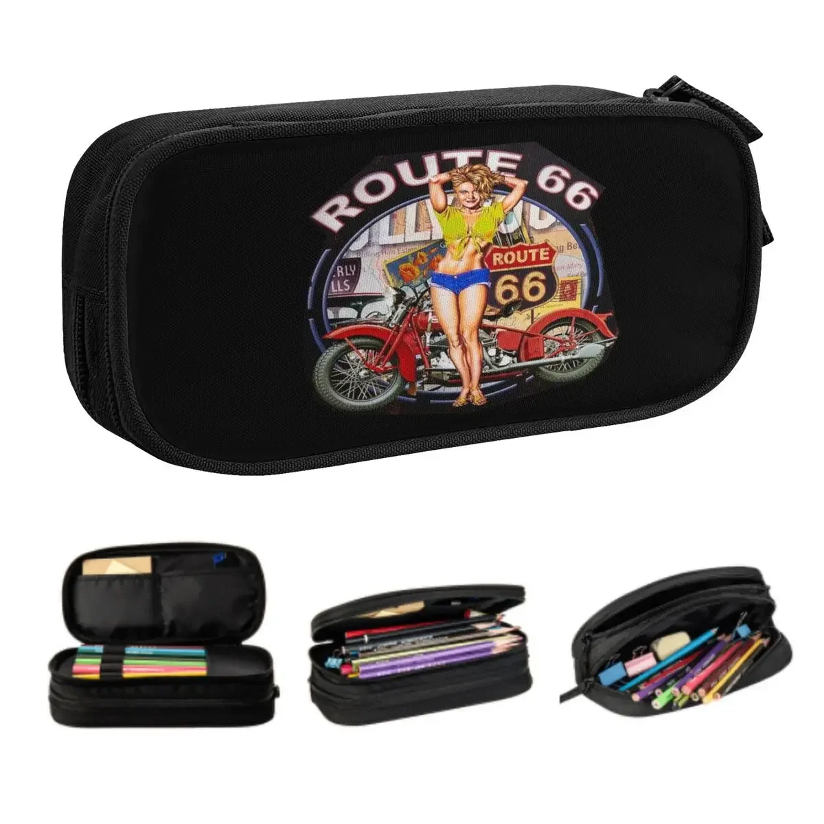 Americana Route 66 Pencil Case for Boy Girl Large Storage America Highway Pen Bag Box Stationery