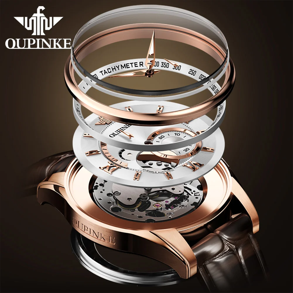 OUPINKE 3222 Luxury Original Men Watch Brand All Automatic Mechanical Watch HD Sapphire Mirror 3D Skeleton Waterproof Men Watch