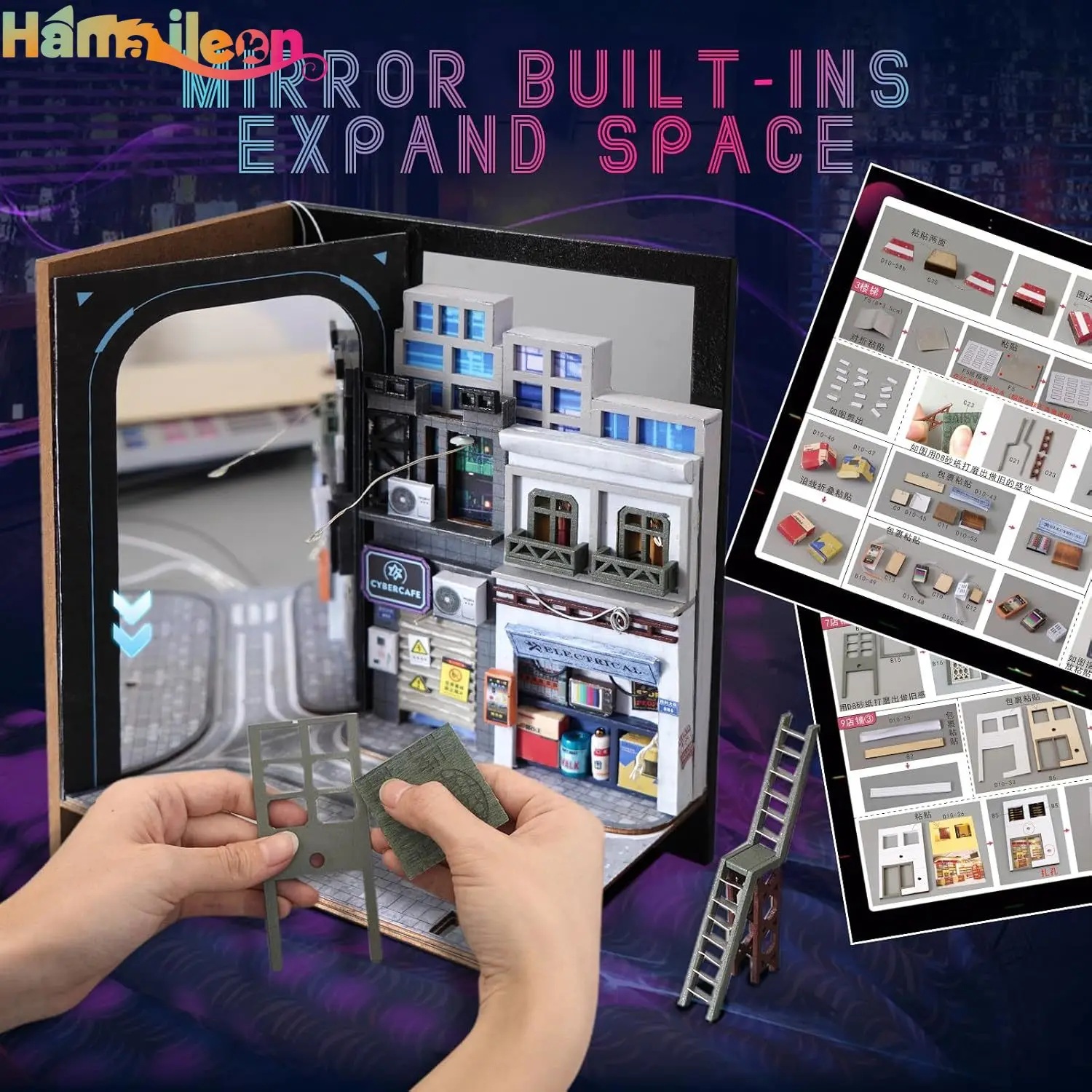 Hamaileon DIY rompecabezas de madera 3D Kit de rincón de libros, modelo de sujetalibros decorativo de inserción de estantería con luces LED (Cyberpunk)