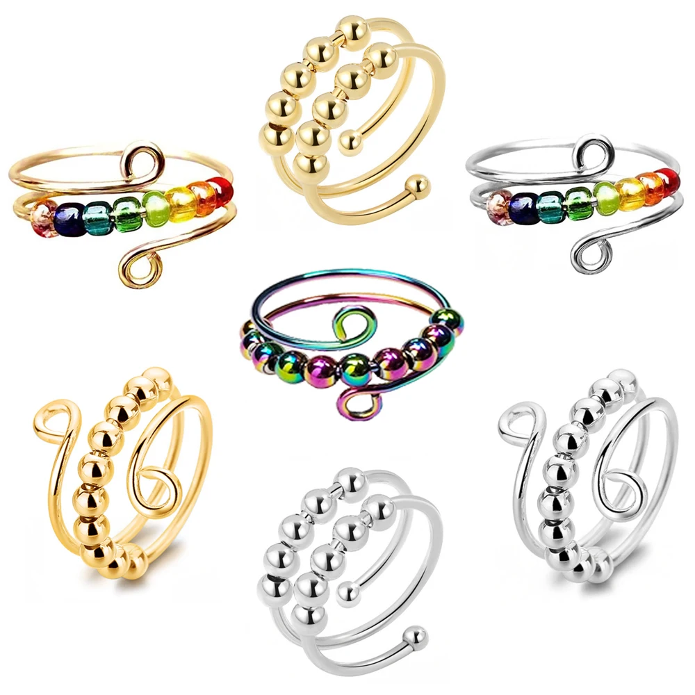 Trendy Rainbow Anxiety Rings Adjustable Stainless Steel Fidget Rotate Bead Anti Stress Relief Finger Ring Jewelry For Women