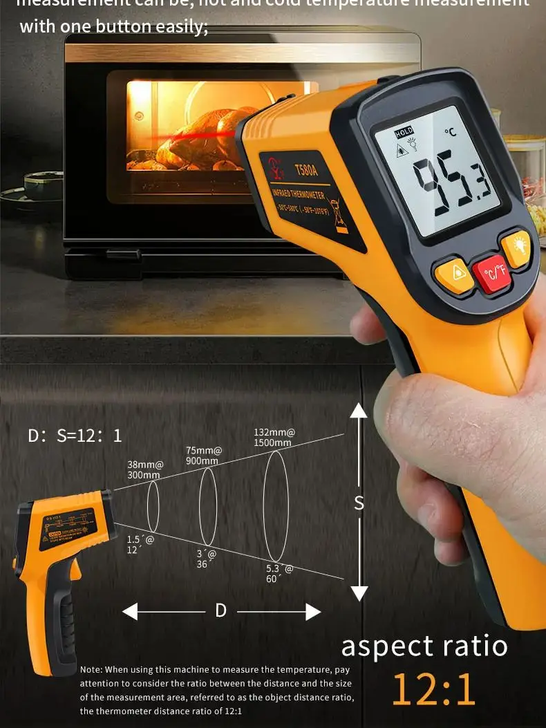 T580A Digital Infrared Thermometer -50~580℃ IR Laser termometro Pyrometer Gun Non-Contact Laser Temperature Meter gauge Tools