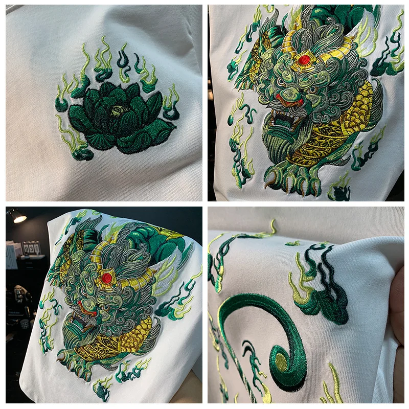 Handsome Embroidered Printed T-shirt for Men's Summer Slim fit Half Sleeve Fashion Chinese Style