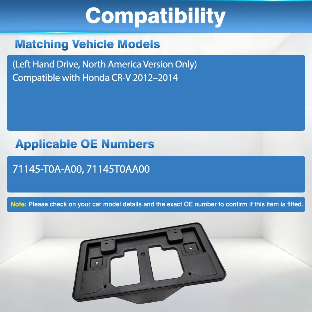 

For Honda CR-V 2012 2013 2014 Front Bumper License Plate Mounting Bracket 71145-T0A-A00 71145T0AA00 ABS Black Car Accessories