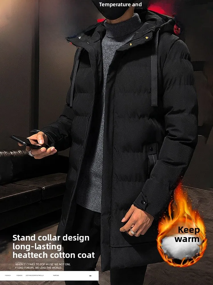 

Men's Winter Thiened Warm Casual Cotton Jaet Hooded Mid-Length Bla Faionable Youth Polyester Fiber Stand Fit Coat