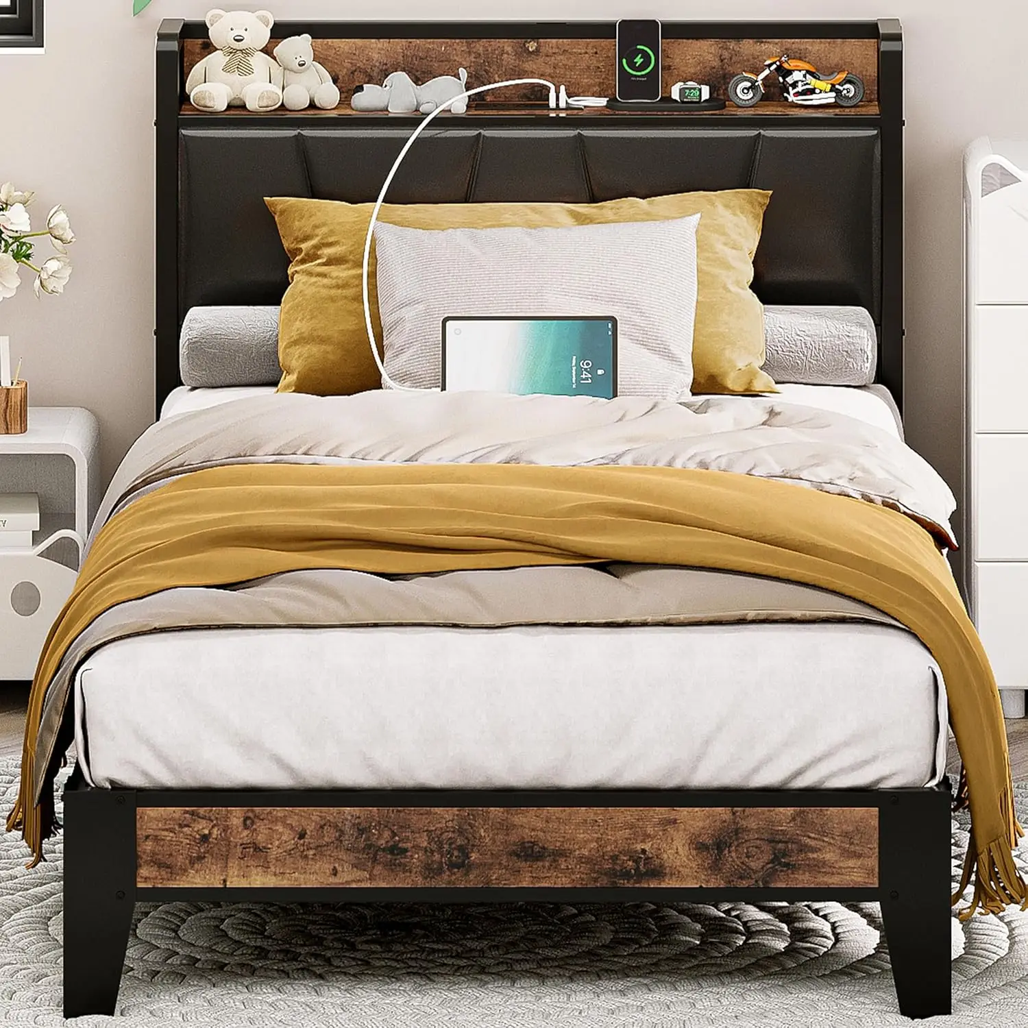 

Twin Bed Frame, Storage Headboard with Charging Station, Solid and Stable, Noise Free, No Box Spring Needed,