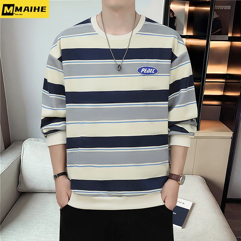 

2023 K-pop fashion striped hoodie men's fall new crew-neck pullover loose hoodie Streetwear hip hop couple thin retro sweatshirt