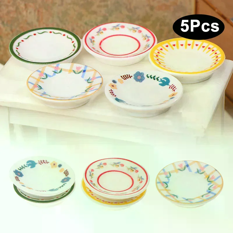1/12 Dollhouse Mini Plates Dishes Model Dollhouse Simulation Kitchen Decoration Dolls House Accessories Pretend Play Toys 5Pcs