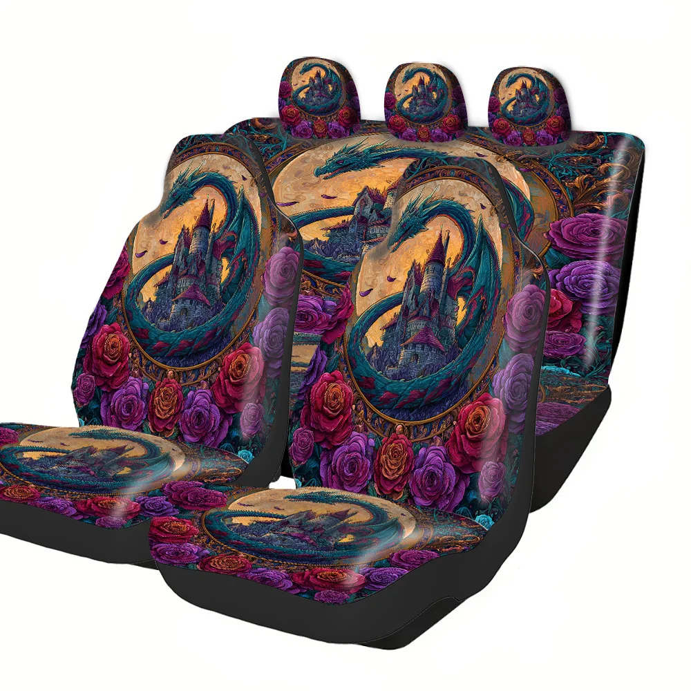 

Комплект чехлов для автомобильных сидений на 2-5 мест - черный принт с изображением боевых лошадей, полиэстер, легко устанавливаются и можно стирать, нескользящие и впитывающие, универсальные.