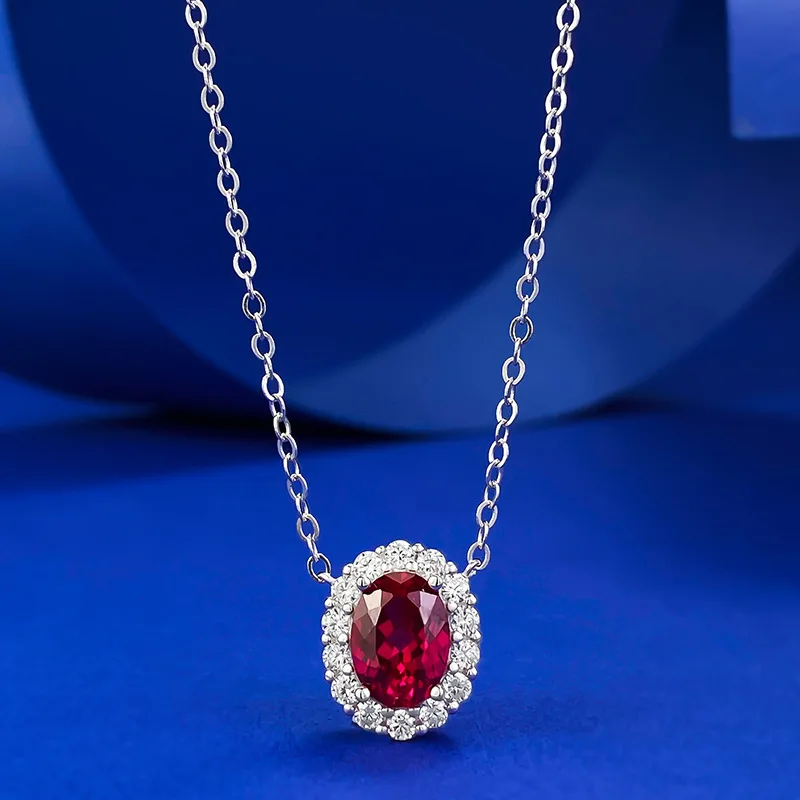 925 Cross border New Product Silver Necklace European and American Style Ruby Oval 6 * 9 Geometric Pendant 40+5