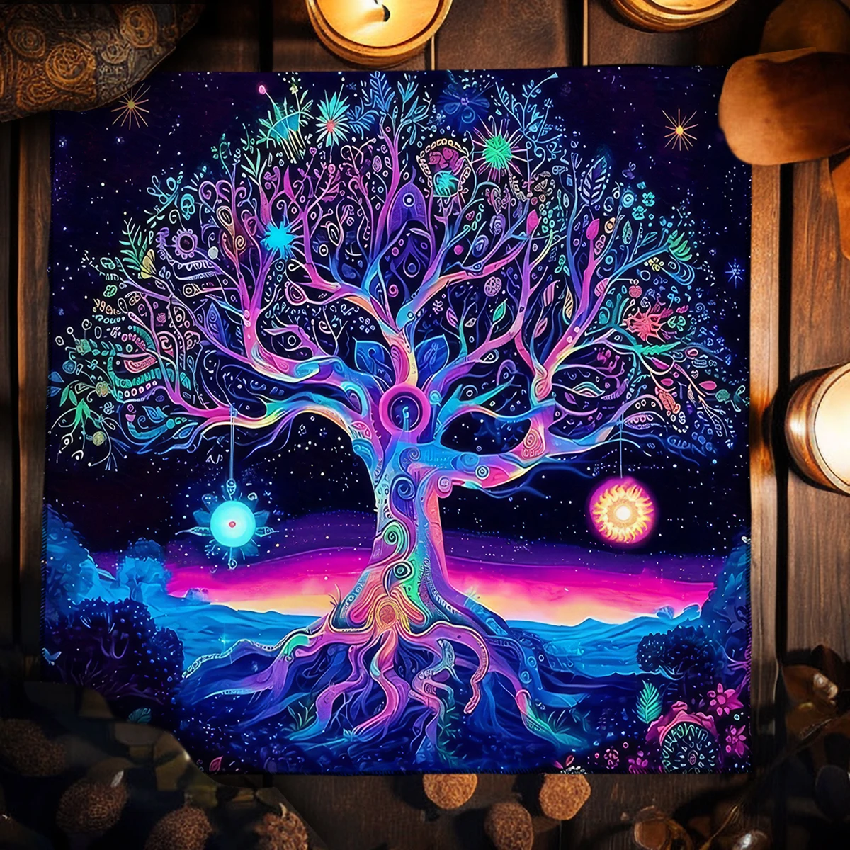 Colorful Life Tree Tarot Cloth Altar Cloth Starry Sun Moon Tarot Tablecloth for Reading Witchcraft Astrology Oracle Card Mat