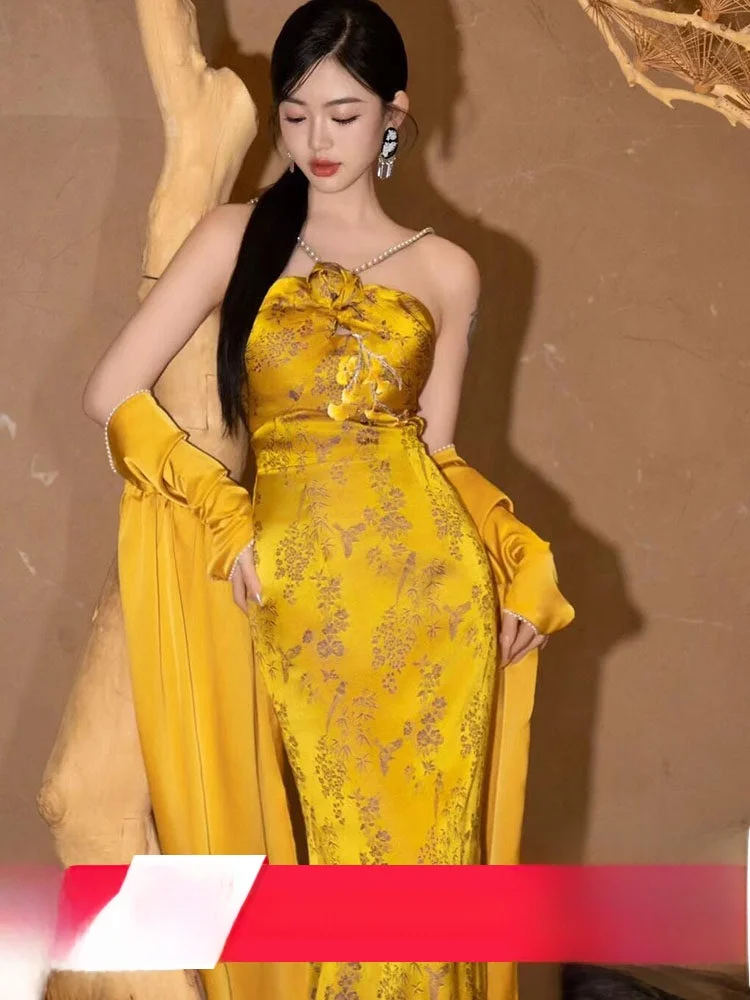 

Женский утренний халат в китайском стиле, свадебное платье, облегающее, сексуальное, длинное, желтое, в стиле ципао