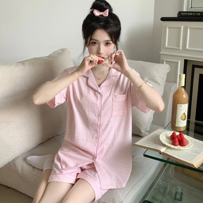 Women's Summer Outfit Ins Style Girl Cloud Cotton Summer Thin Short Sleeve and Shorts Plaid Skin-Friendly Cardigan Homewear Set