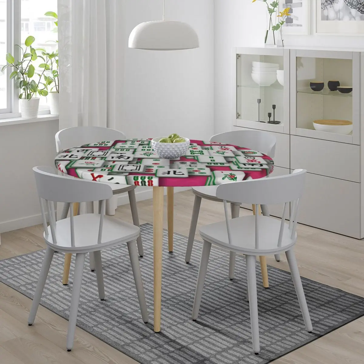 Mahjong Tile Pattern Waterproof Round Tablecloth Oilproof Table Cloth for Kitchen Events Dining Table Cover