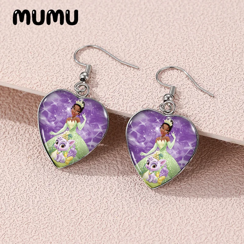 2024 New Princess Tiana and the Frog Dangle Earring Heart Shaped Earrings Handmade Glass Dome Jewelry Gifts Fans