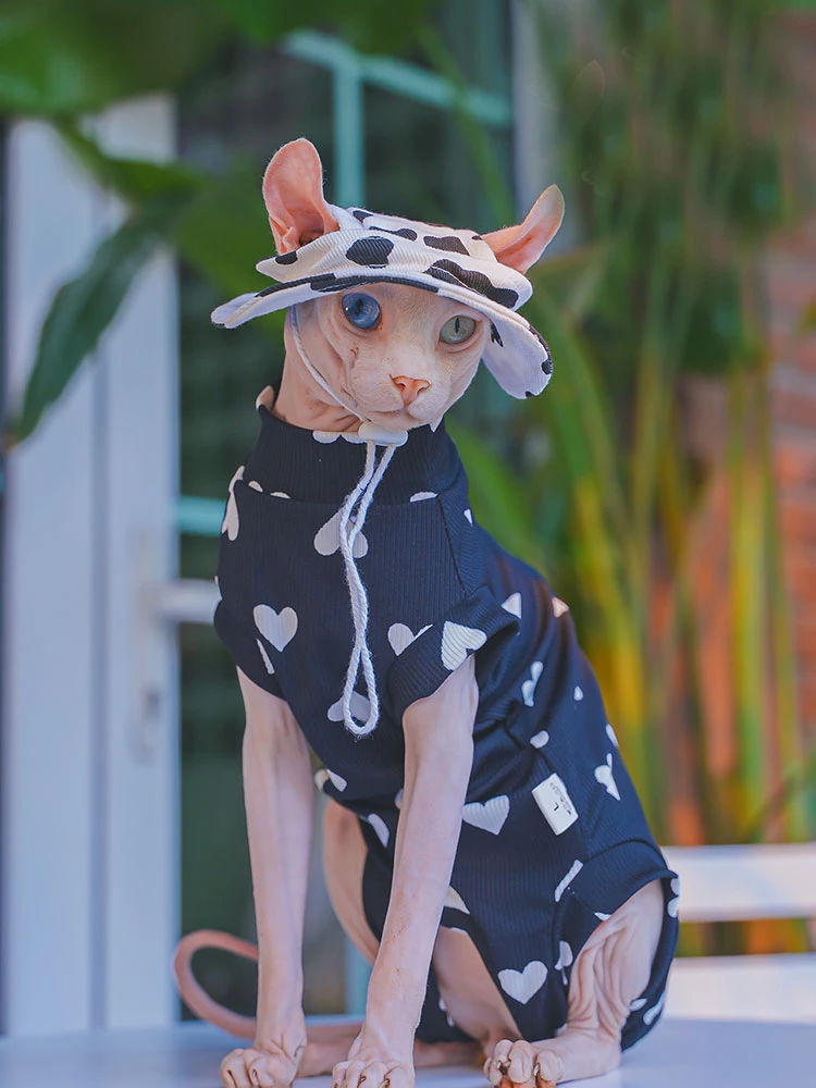 Black Fleece Coat for Sphynx Cat Clothes Summer Spring Loving Heart Soft Sweatshirt  For Devon Rex Cartoon T-shirt For Kittens