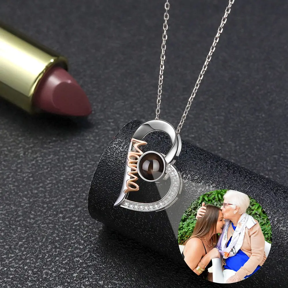 Custom Photo Necklace Personalized Projection Photo Necklace for Women Mother's Day Jewelry Mom Heart Pendant Memory Gift