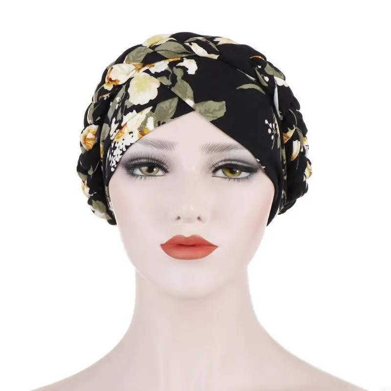

Muslim Womens Turban Hat Colored Floral Leaves Print Indian Beanie Headwrap Twis