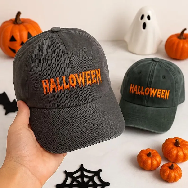 قبعة مطرزة للهالوين، قبعة بيسبول مخيفة أو قبعة غسيل، قبعة خط رعب برتقالية، قبعة اليقطين الخريفية، ملحقات أزياء الهالوين