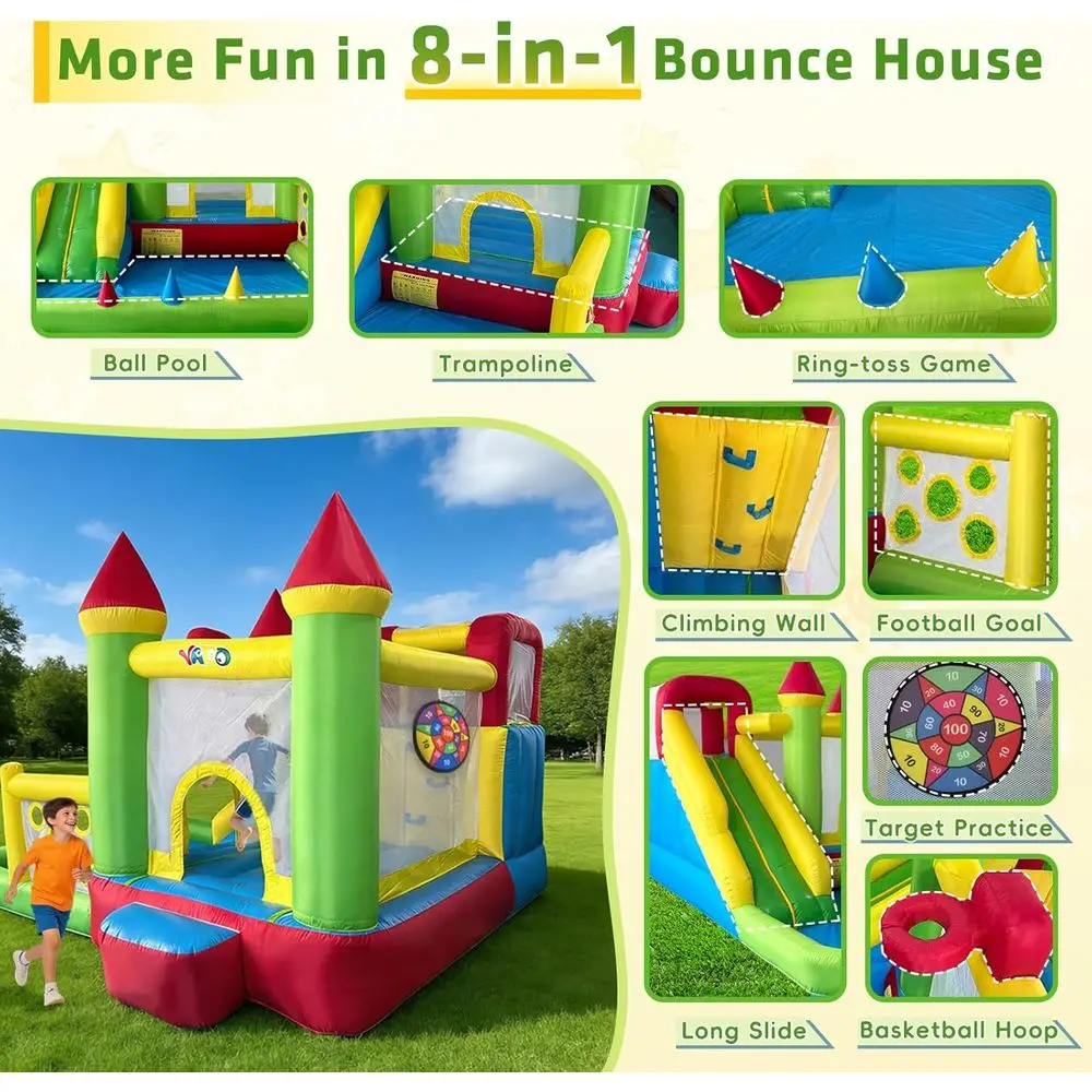 Springkasteel voor kinderen 3-6, 8-in-1 Iatable Springkasteel met glijbaan, Blower, Ballenbak, Klimmuur, 12x13x8.5FT Springhuis voor