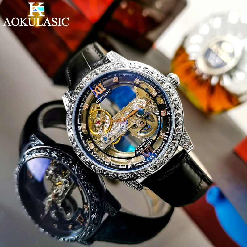 AOKULASIC Luxus Leder Männer Automatische Maschinen Uhr Retro Zifferblatt Design Doppelseitige