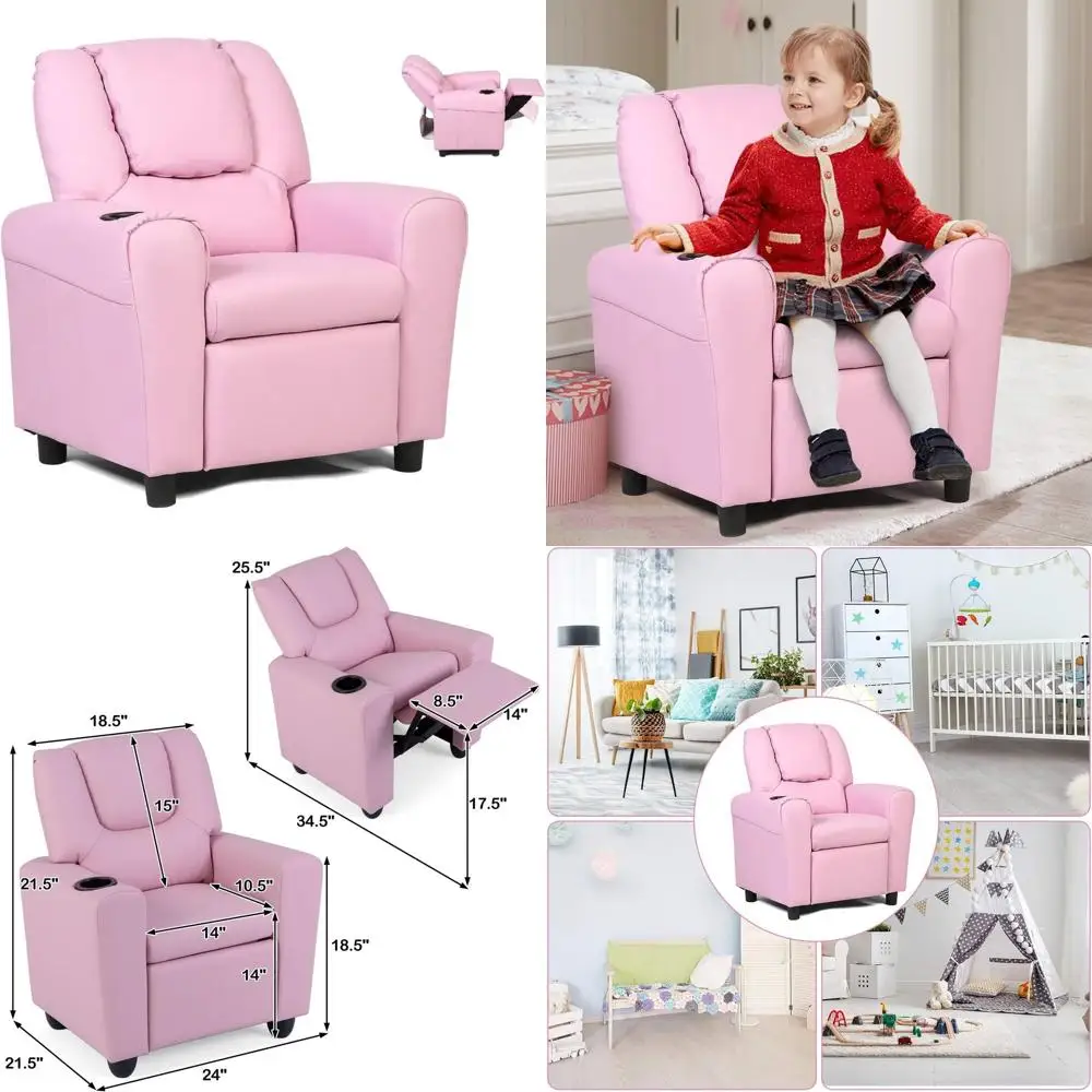 

Pink PU Leather Kids Recliner with Cup Holder, Toddler Sofa for Boys and Girls Bedroom