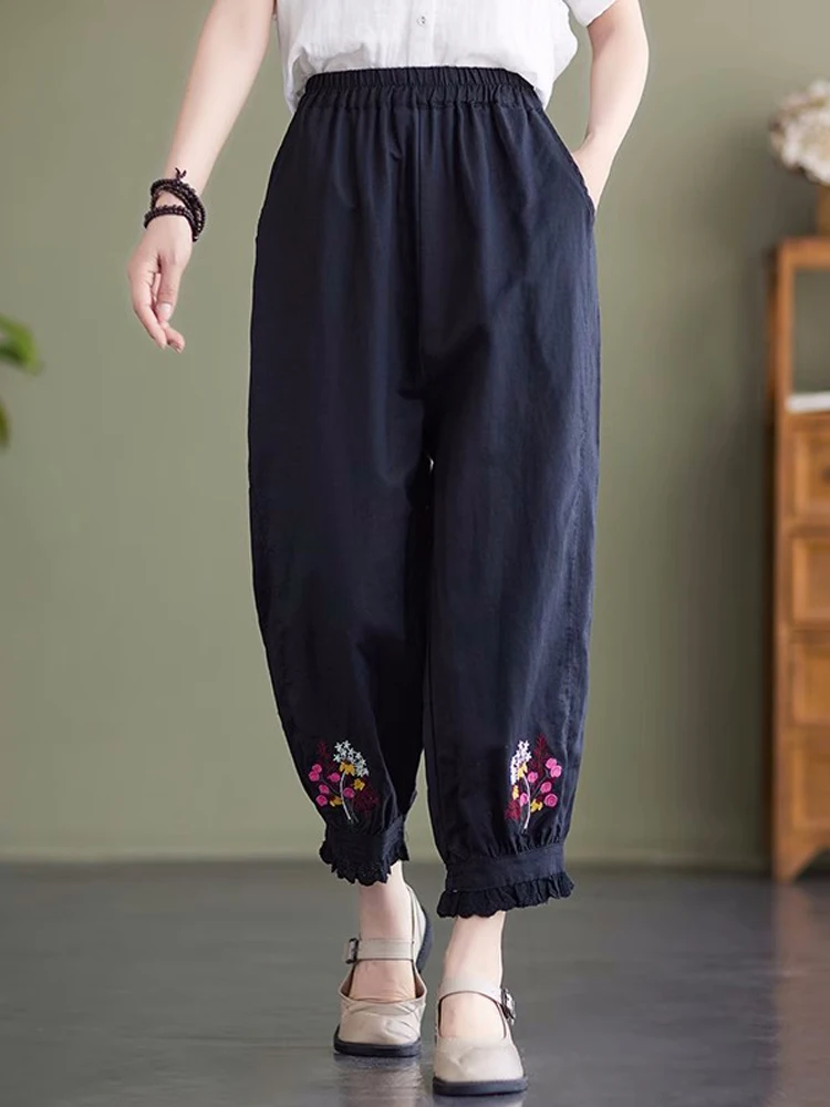 

Flower Embroidery Lantern Pants Summer Ankle-Length Casual Loose Harem Pants Elastic Waist Cotton Trousers for Women 4XL