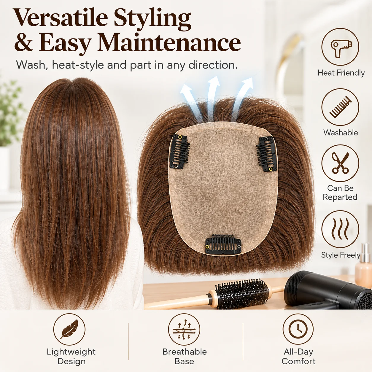 TUW39 Medium Silk Base Human Hair Topper 100% Remy Hair Topper for Thinning Hair Natural Scalp Look 110% Density 3 Clips 18 Inch