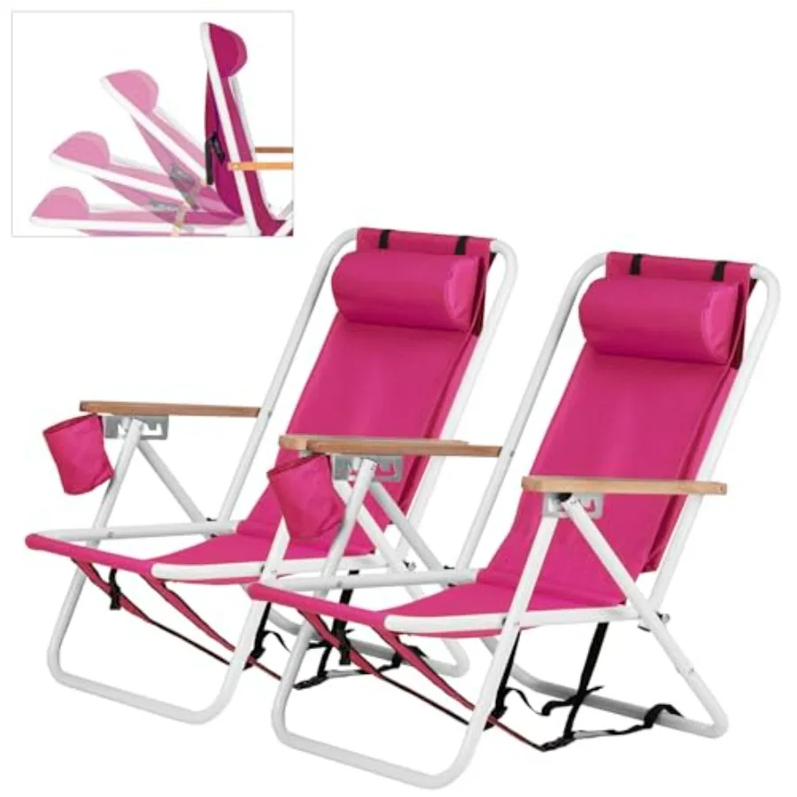 

Folding Beach Chair Adjustable Headrest w/4 Flexible Tilt Angle Cup Holder Portable High Strength Cleanable Fabric for Sand Cam