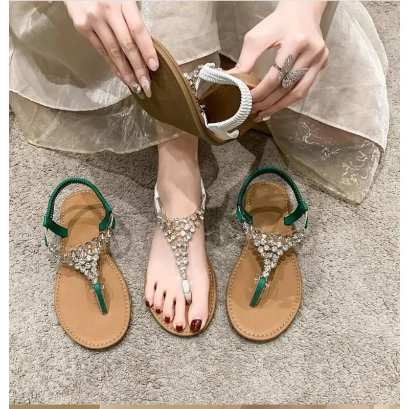 Womens Bohemia Sandal Luxur Rhinestone Fashion Clip-toe Sandals   Outdoor Slip-On Flat Slippers Summer Holiday Non-Slip Sandlias