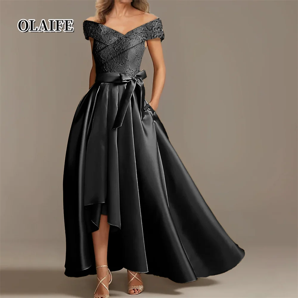 A-Line Princess Off The Shoulder Asymmetrical Lace Mother Of The Bride Dresses With Ruffles שמלה סקסית לארוע לערב אמא של כלה