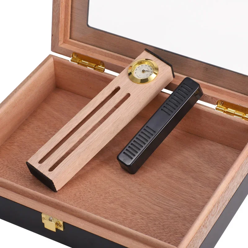 Cigar Humidor Box  Mini Portable Glass Top Handcrafted Cedar Wooden Cigar Cigarette Case with Hygrometer and Humidifier view 2