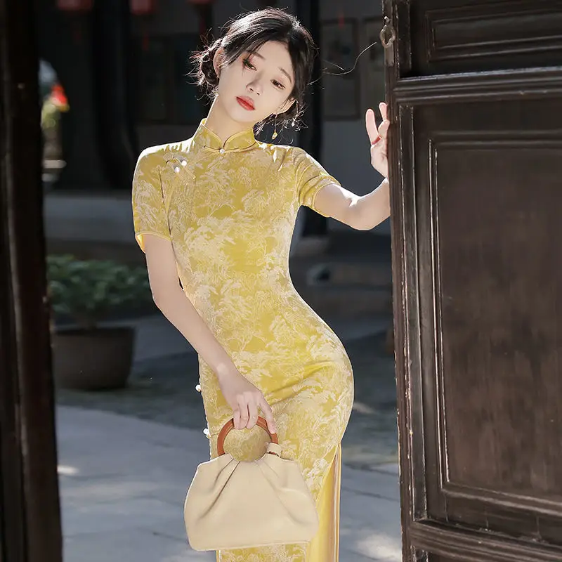 Gola mandarim manga curta amarelo elegante senhora cheongsam estilo chinês verão flor impressão qipao casamento diário