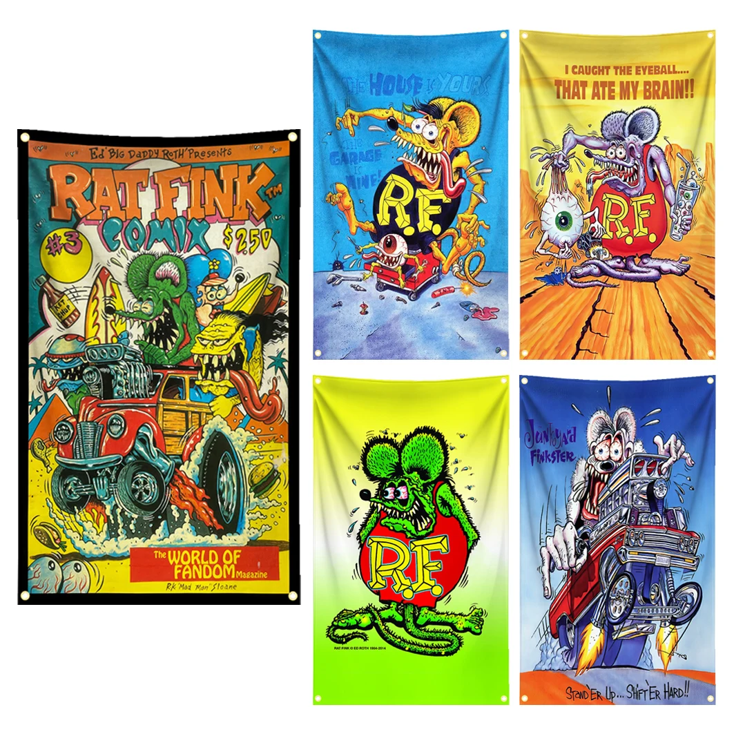 90x150cm Rat Fink Funny Meme Flag Gift Tapestry Polyester Digital Printing Banner for Garage Wall Art Out Door Decoration