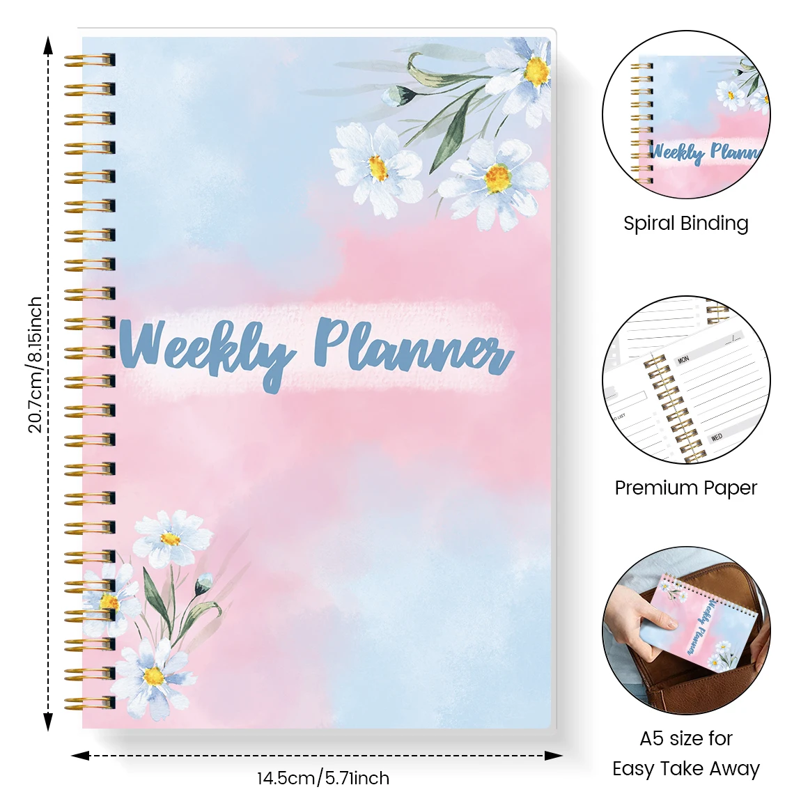 Weekly Planner Spiral Notebook with To Do List & Habit Tracker, Floral Aesthetic Organizer for School Office