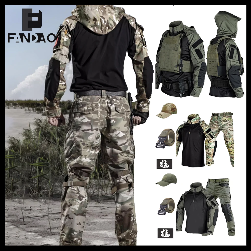 Tactical Hooded Long Sleeve Clothing Men Breathable Camo Combat Training Shirts CS Airsoft Paintball Camping Hunting Equipment
