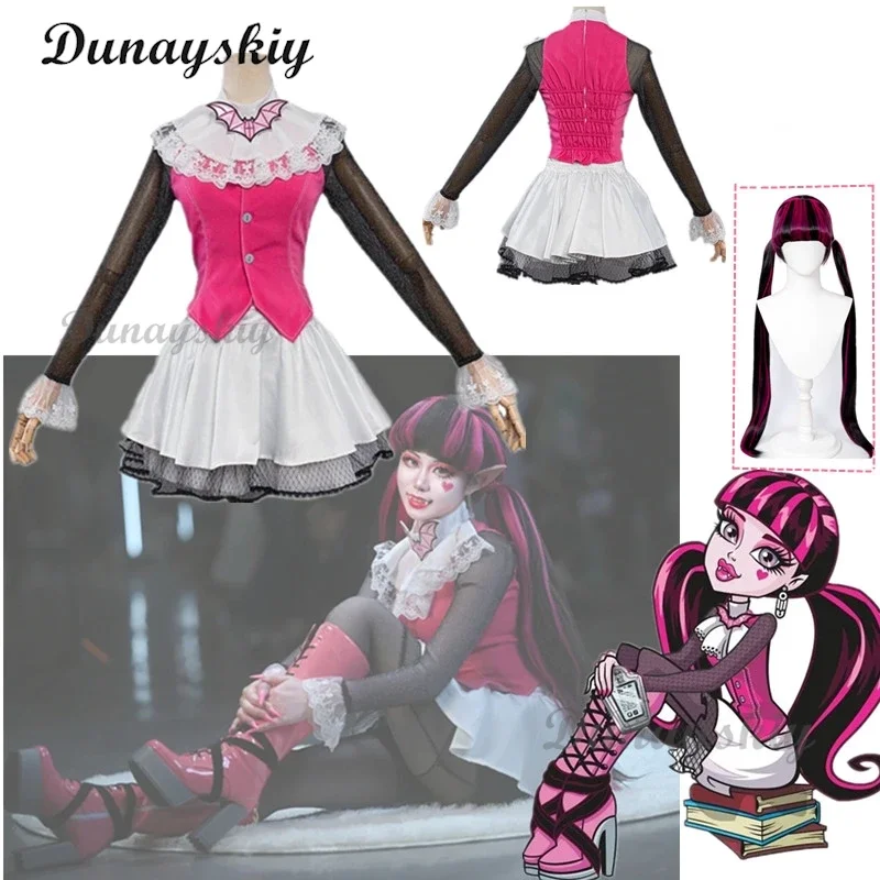 Monster Cos High: Draculaura Cosplay Costume Pink Suit Vampiree Draculaura Wig Anime Female Cosplay Halloween Costumes Shoes