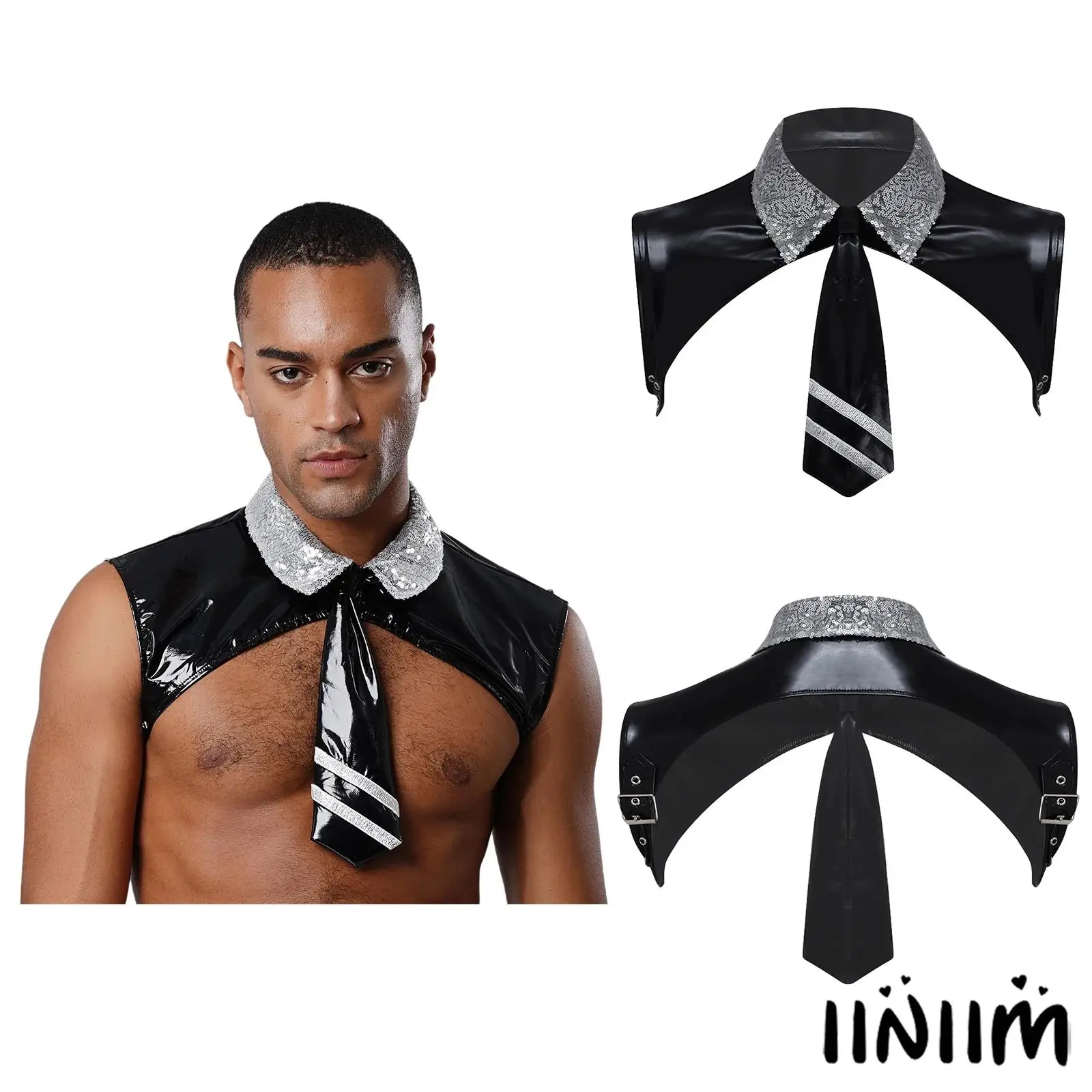 

Men Body Chest Harness Belt Turn -Down Sequins Collar Shoulder Body Chest Harness With A Tie Role Play Costume Accessories