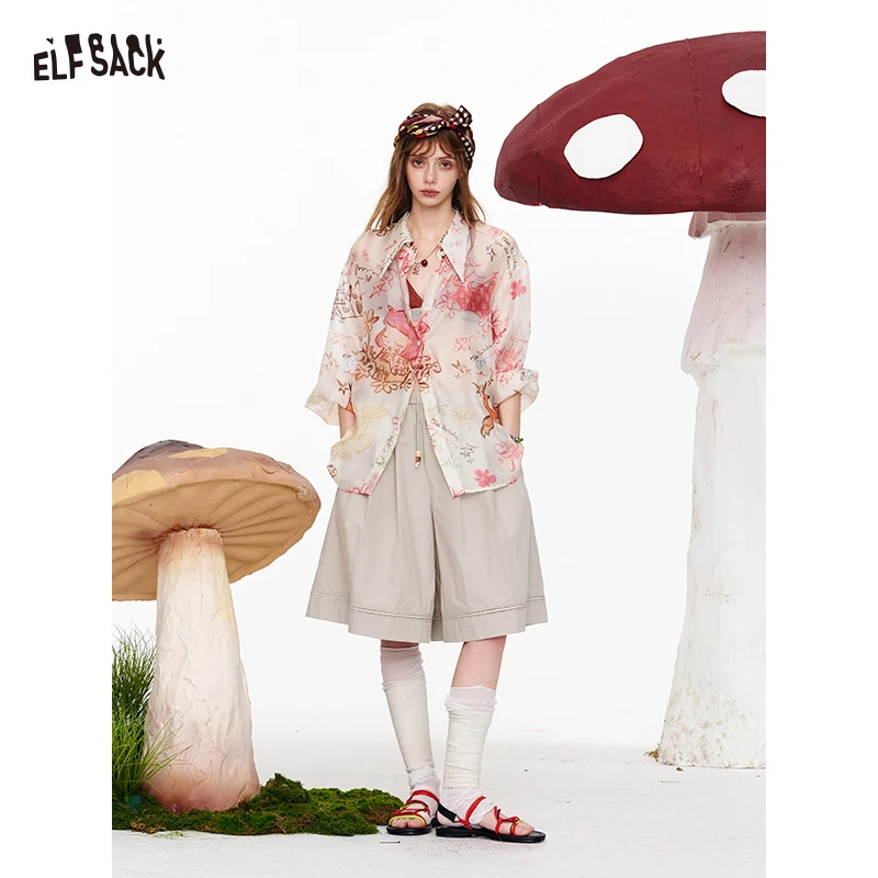 ELFSACK Women's High Waist Cotton Shorts, A-Line Wide Leg with Cutout Hem, Casual Summer Culottes Pants