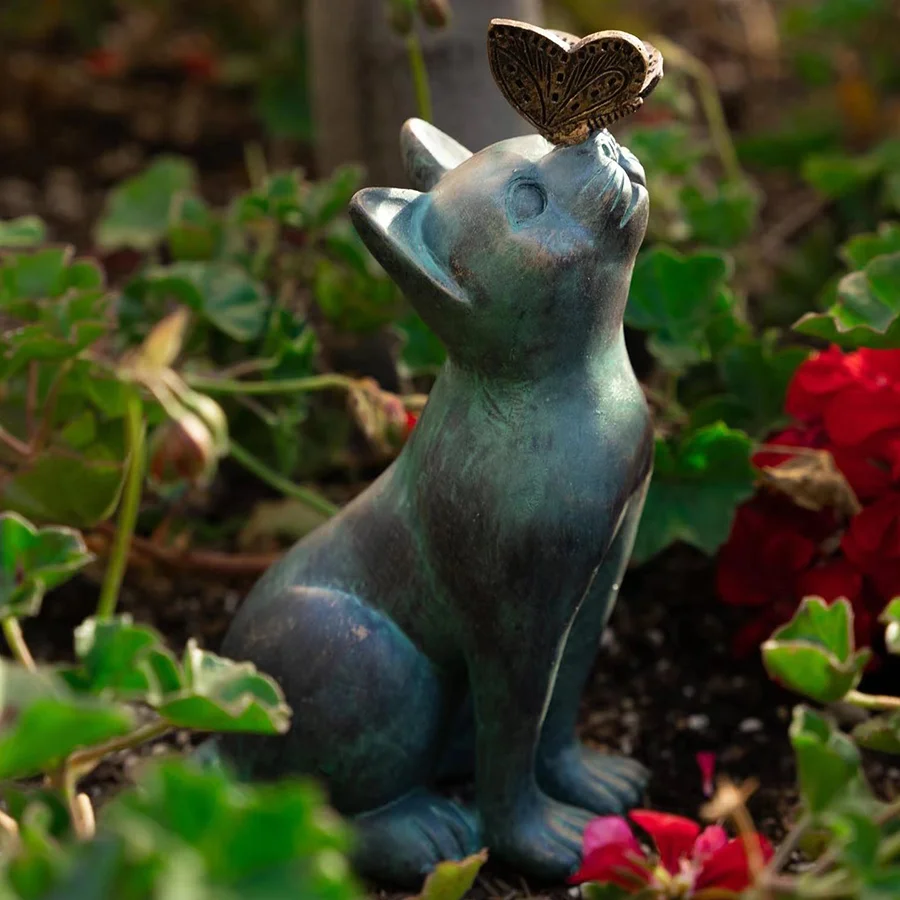 Cute Cat With Butterfly Resin Bronze Outdoor Ornaments Cats Statue Lawn Porch Decoration Home Courtyard Garden Lawn Decoration