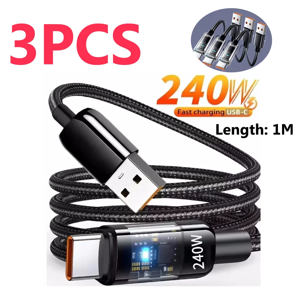1/3PCS 240W Nylon Cable USB Type C 1M Super Fast Charging Cable For Samsung Xiaomi Huawei LED Digital Display Fast Charger Data