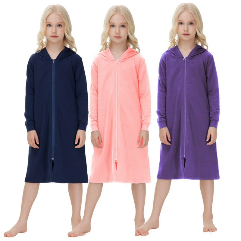 

Kids Pyjama Solid Soft Hooded Nightgown Lounge Wear Girl Clothes Children Teenager Long Sleeve Zipped One-Piece Pajama Sleepwear