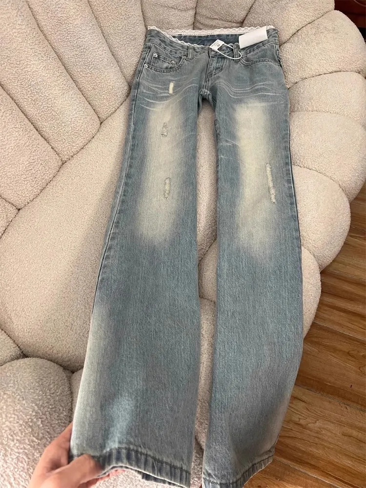 

Low Waist Bell Bottom Denim Jeans Women's Spring Summer Slimming Straight Leg Pants Lace Trim High Waist Wide Leg Trousers