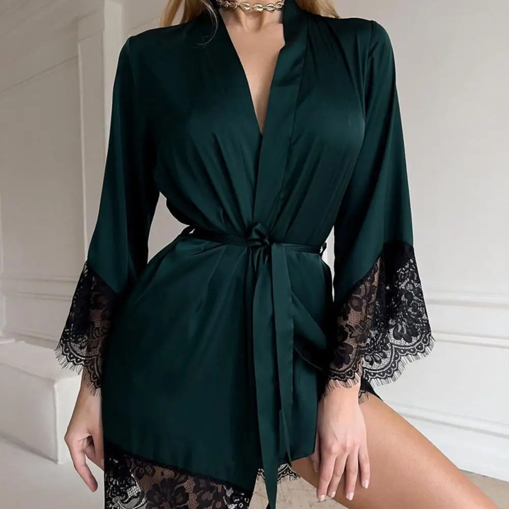 Fall Spring Satin Lady Nightgown With Belt Hollow Lace Cuffs Hem V Neck Lace Nightie Solid Color Tight Waist Cardigan Sleepwear