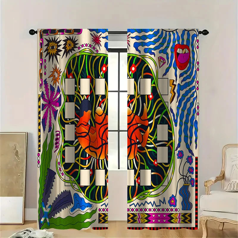 قطعتان من ستائر الفن التجريدي الحديثة مع جيب قضيب، طباعة هندسية متعددة الألوان وشفافة، ديكور غرفة المعيشة النابضة بالحياة #1