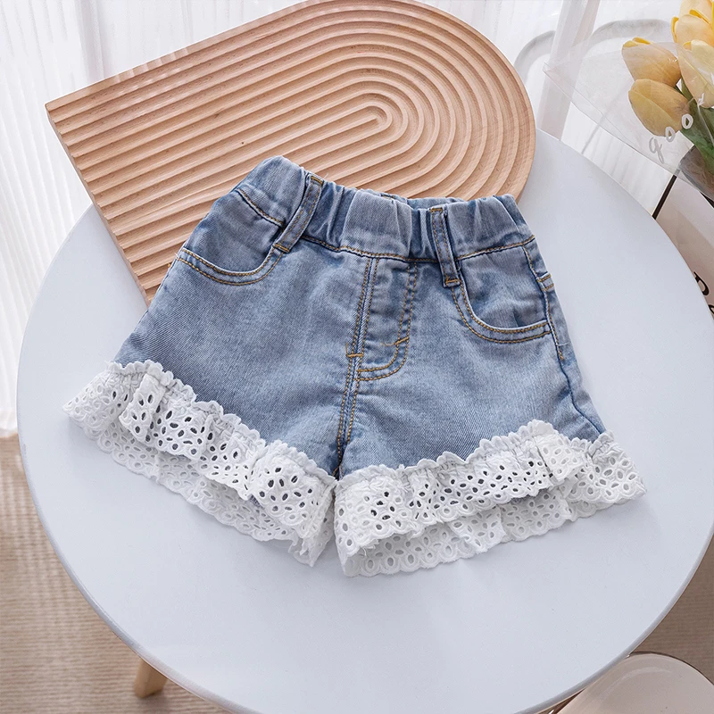 

Korean Summer Fashion Women's Denim Cotton Patchwork Lace Blue Shorts For Teenagers Casual Pants Clothes Girls From 3 To 8 Years