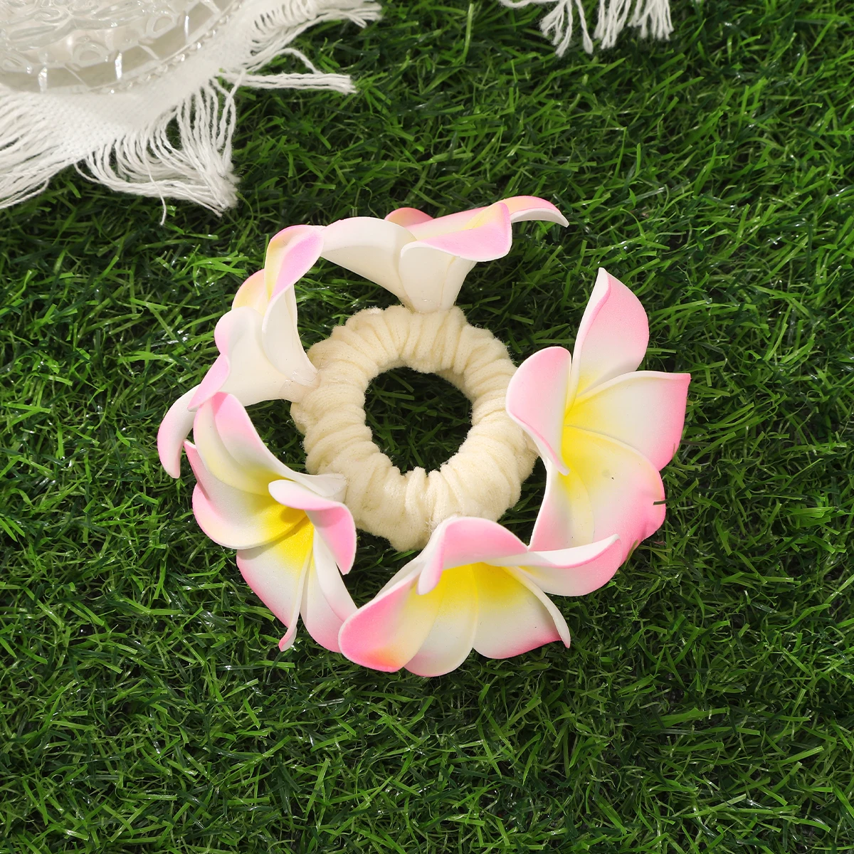 AWAYTR Artificial Plumeria Headbands High Elastic Cotton Rope Ponytail For Women Hair Ties Holders Rubber Band Korean Headdress