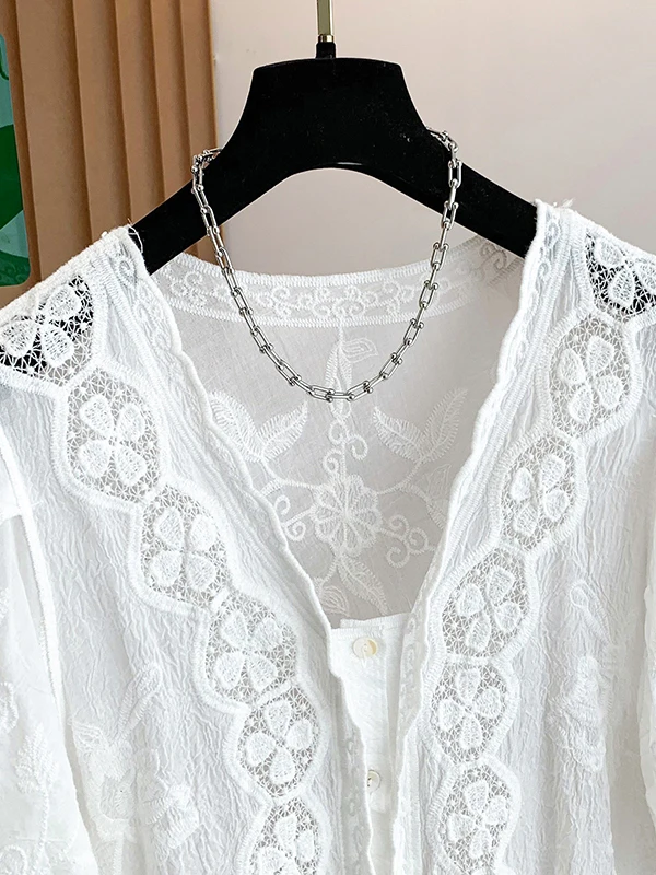 Authentic Summer Lace Hollow Hook Flower Top Korean Style Casual Shirt Cotton Lantern Sleeve Five Buttons Women's Cardigan