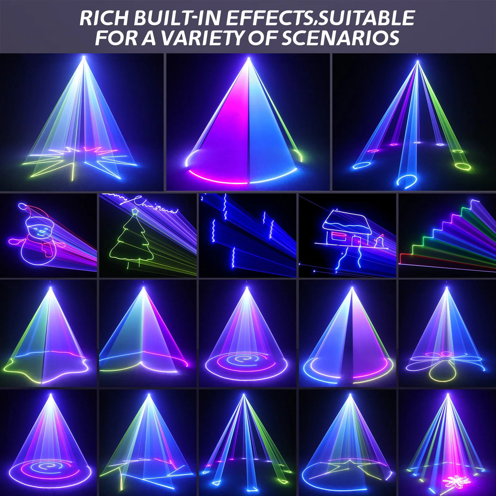 U'King 2W الرسوم المتحركة DJ ضوء الليزر DMX APP التحكم كامل اللون RGB DJ ضوء ثلاثية الأبعاد الرسوم المتحركة جهاز عرض ليزر لعيد الميلاد عيد الهالوين