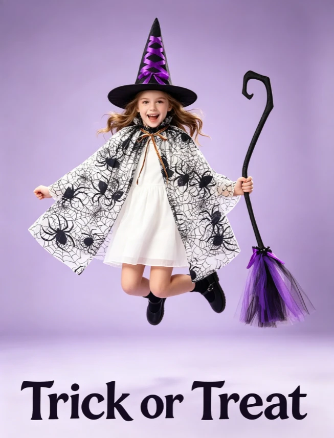 Mesh Cloak Witch Hat Broom 3Pcs Set Halloween Kids Masquerade Party Stage Dress Up Light Adjustable Festival Outfit Accessories